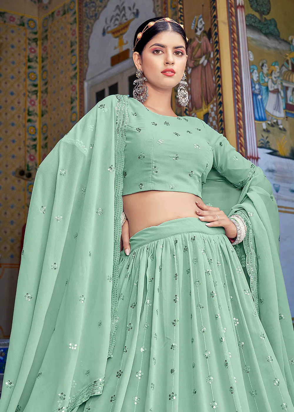 A Line Green Trendy Sequins Embroidered Wedding Lehenga