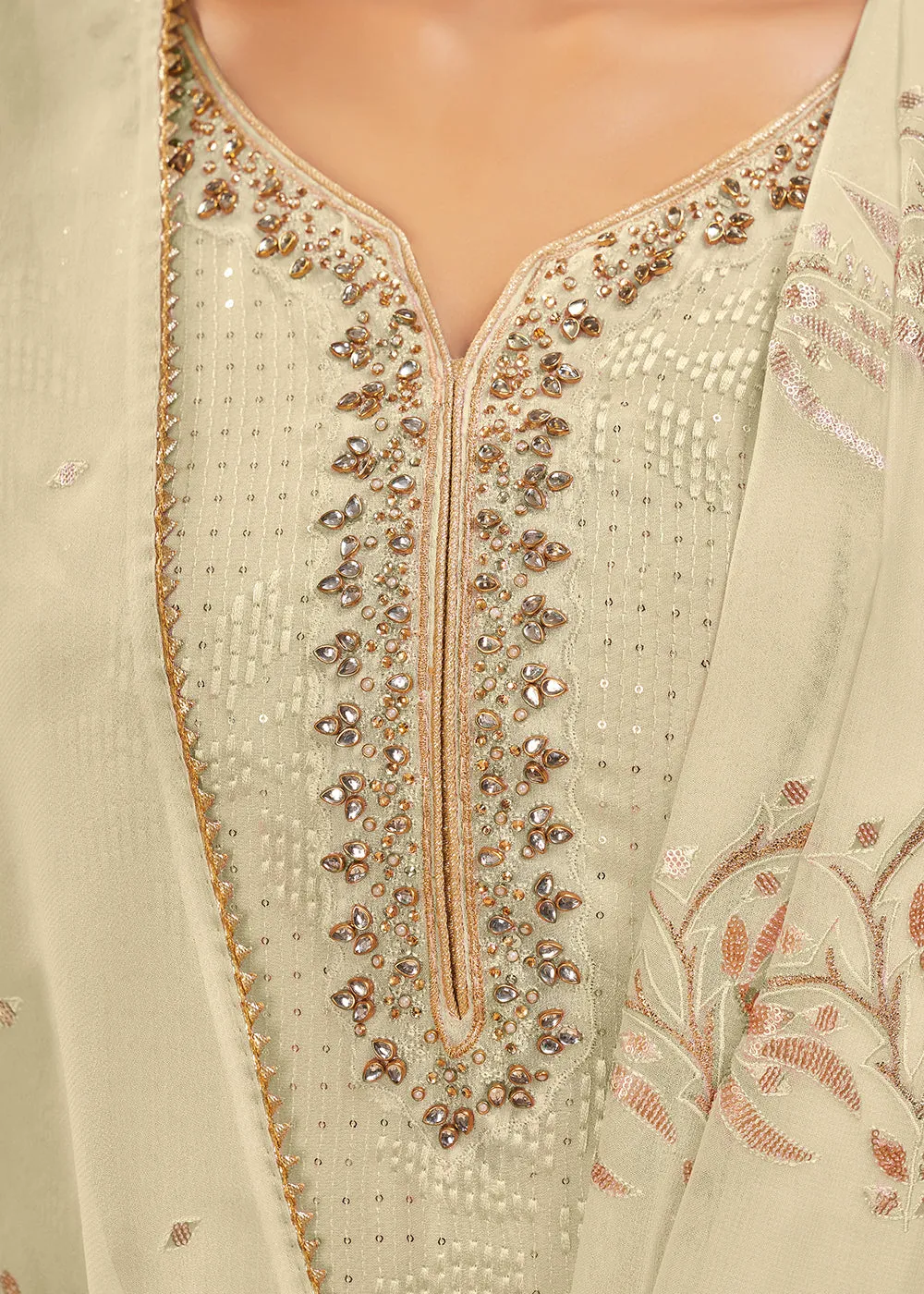Attractive Off White Sequins & Khatli Work Festive Palazzo Suit