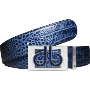 Blue Crocodile Textured Leather Belt with Colour Thru White and Blue Buckle
