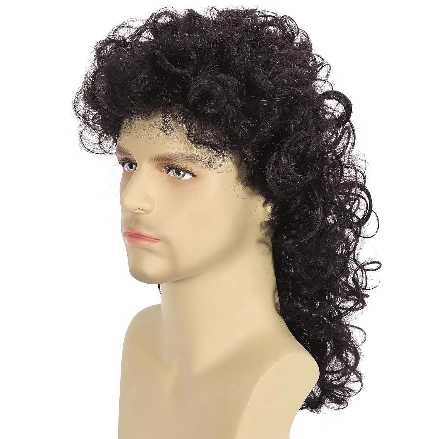 Brown Curly Mullet Wigs for Men 80s Long Curly Hippie Rocking Party Cosplay Costume Anime Hair Wig