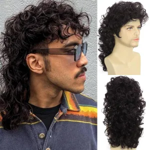 Brown Curly Mullet Wigs for Men 80s Long Curly Hippie Rocking Party Cosplay Costume Anime Hair Wig