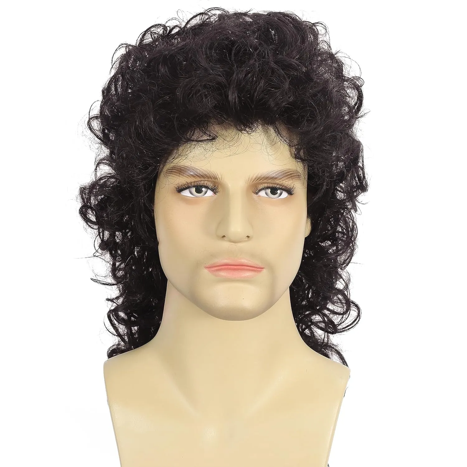 Brown Curly Mullet Wigs for Men 80s Long Curly Hippie Rocking Party Cosplay Costume Anime Hair Wig