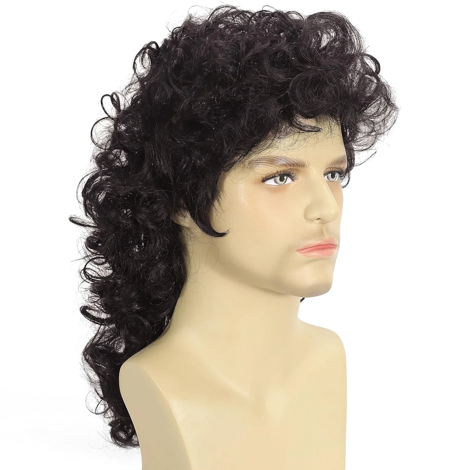 Brown Curly Mullet Wigs for Men 80s Long Curly Hippie Rocking Party Cosplay Costume Anime Hair Wig