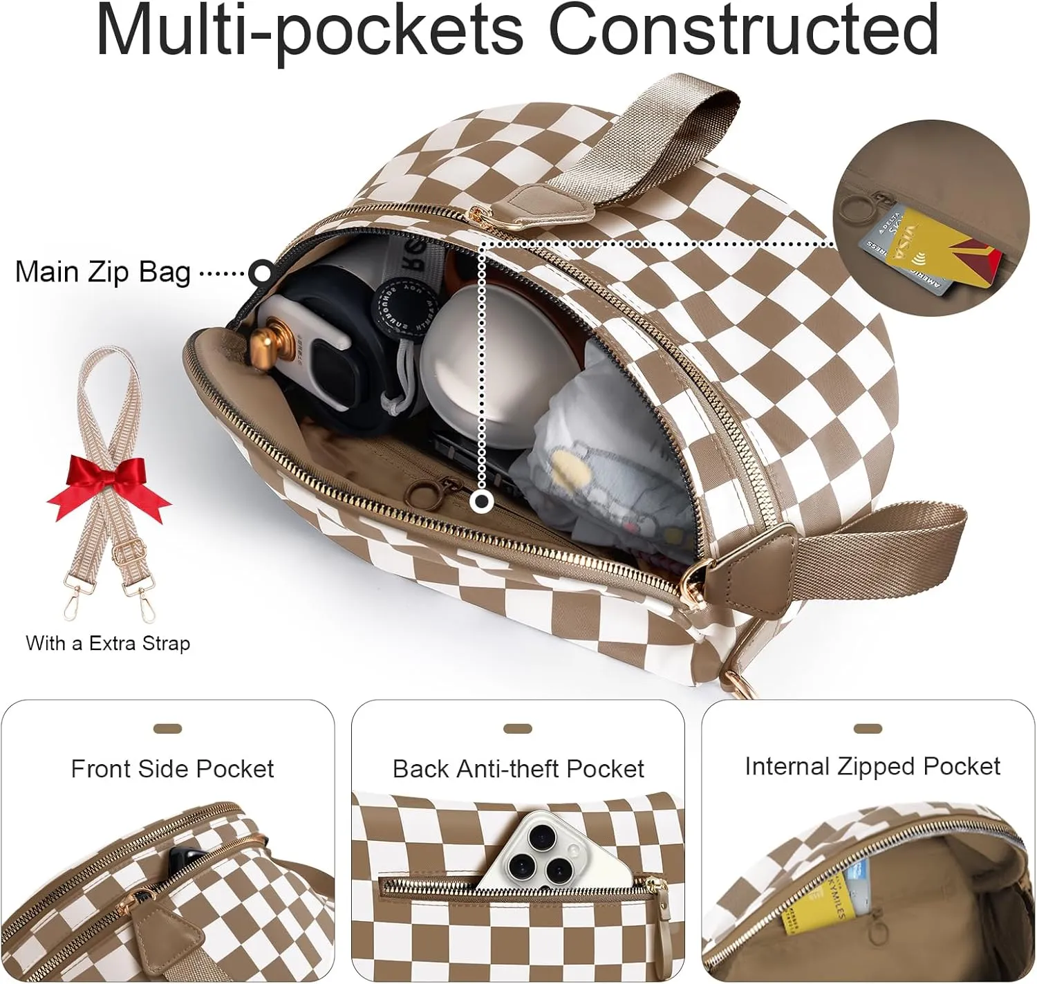 Bum Bags for Women Checkered Crossbody Bag with Removable Wallets Large Nylon Belt Purse Fanny Packs, Bonus with a Extra Strap (Brown Checkered)