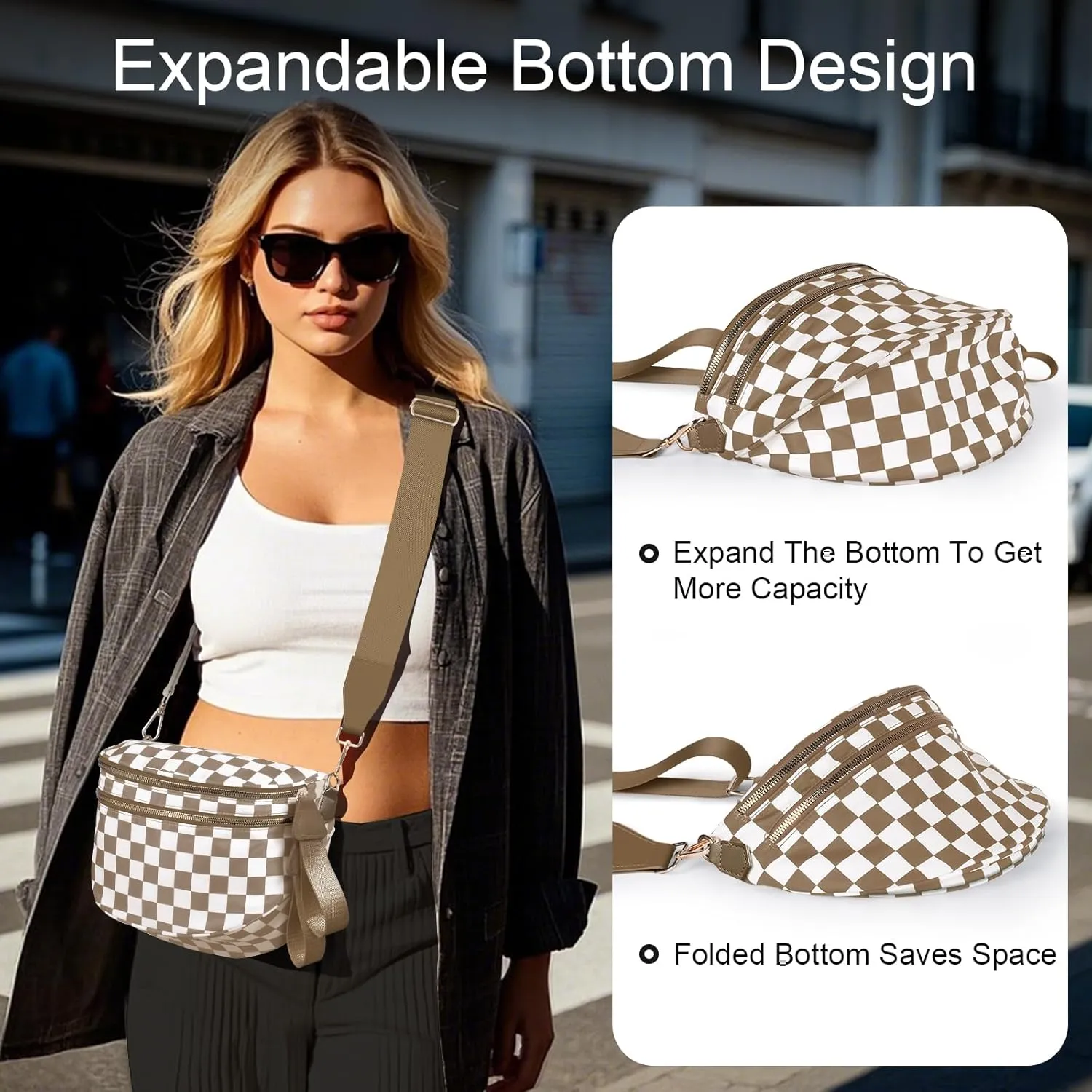 Bum Bags for Women Checkered Crossbody Bag with Removable Wallets Large Nylon Belt Purse Fanny Packs, Bonus with a Extra Strap (Brown Checkered)