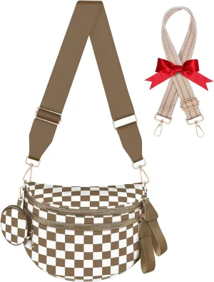 Bum Bags for Women Checkered Crossbody Bag with Removable Wallets Large Nylon Belt Purse Fanny Packs, Bonus with a Extra Strap (Brown Checkered)