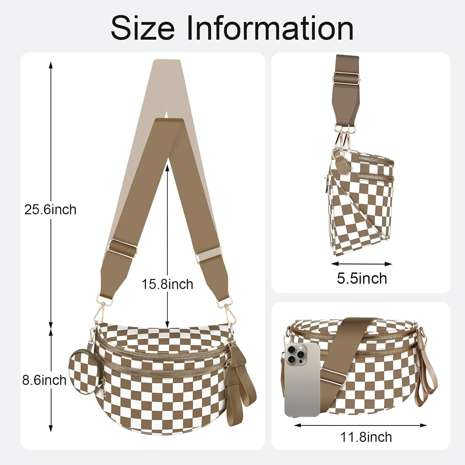 Bum Bags for Women Checkered Crossbody Bag with Removable Wallets Large Nylon Belt Purse Fanny Packs, Bonus with a Extra Strap (Brown Checkered)