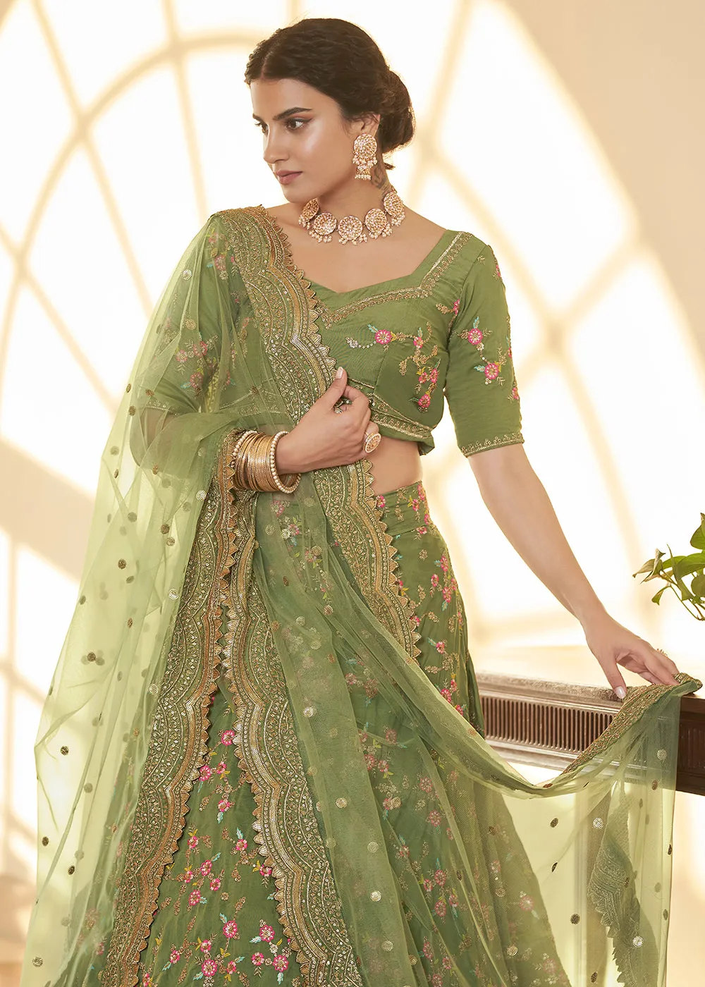 Chinon Silk Green Multi Embroidered Wedding Lehenga Choli