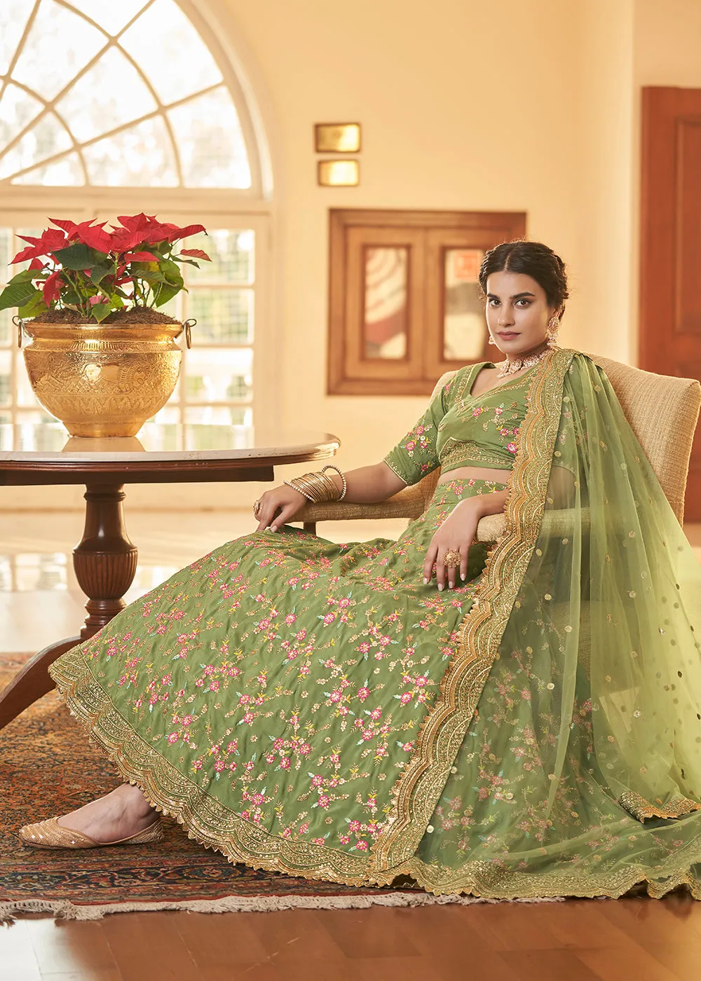 Chinon Silk Green Multi Embroidered Wedding Lehenga Choli