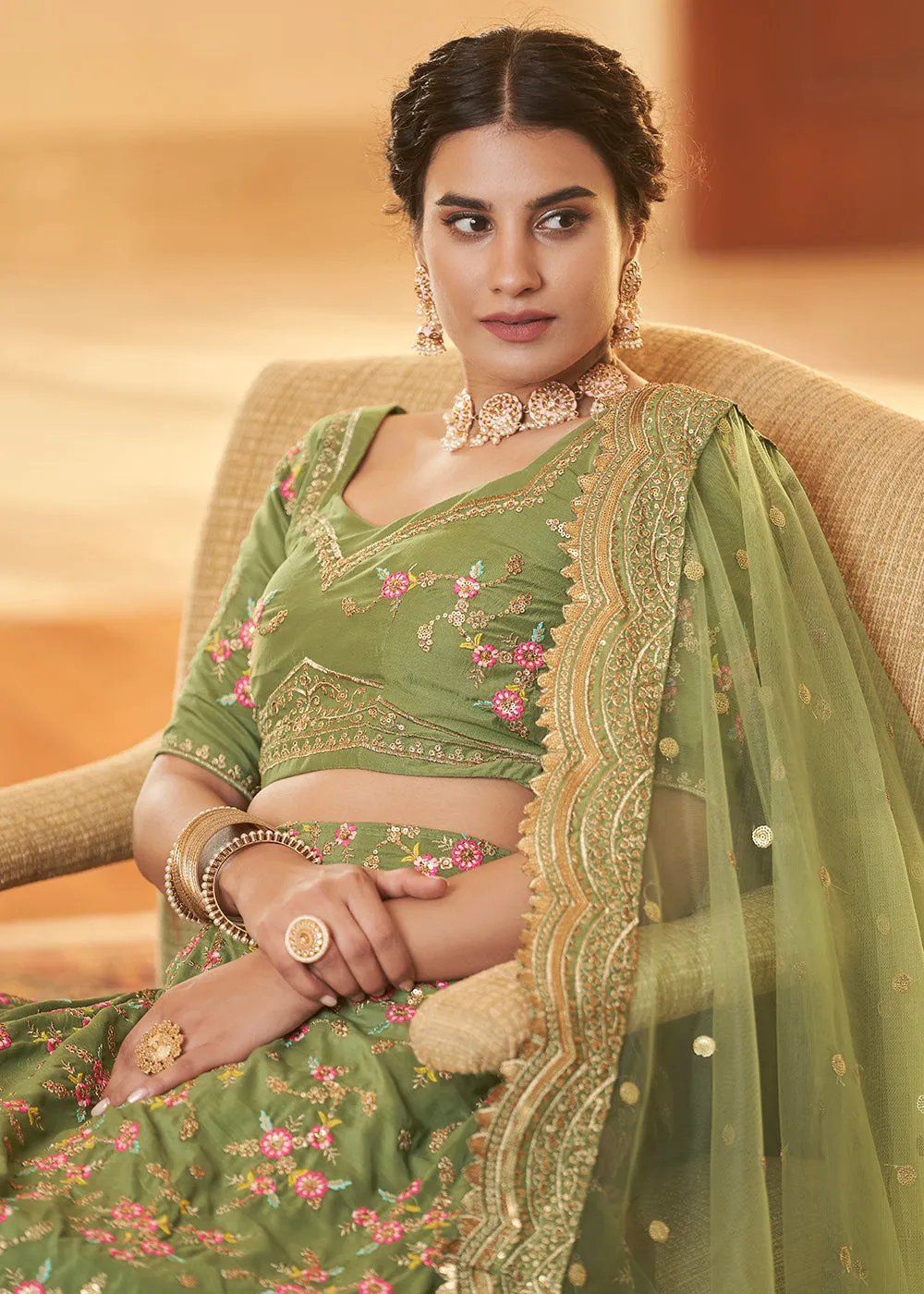 Chinon Silk Green Multi Embroidered Wedding Lehenga Choli