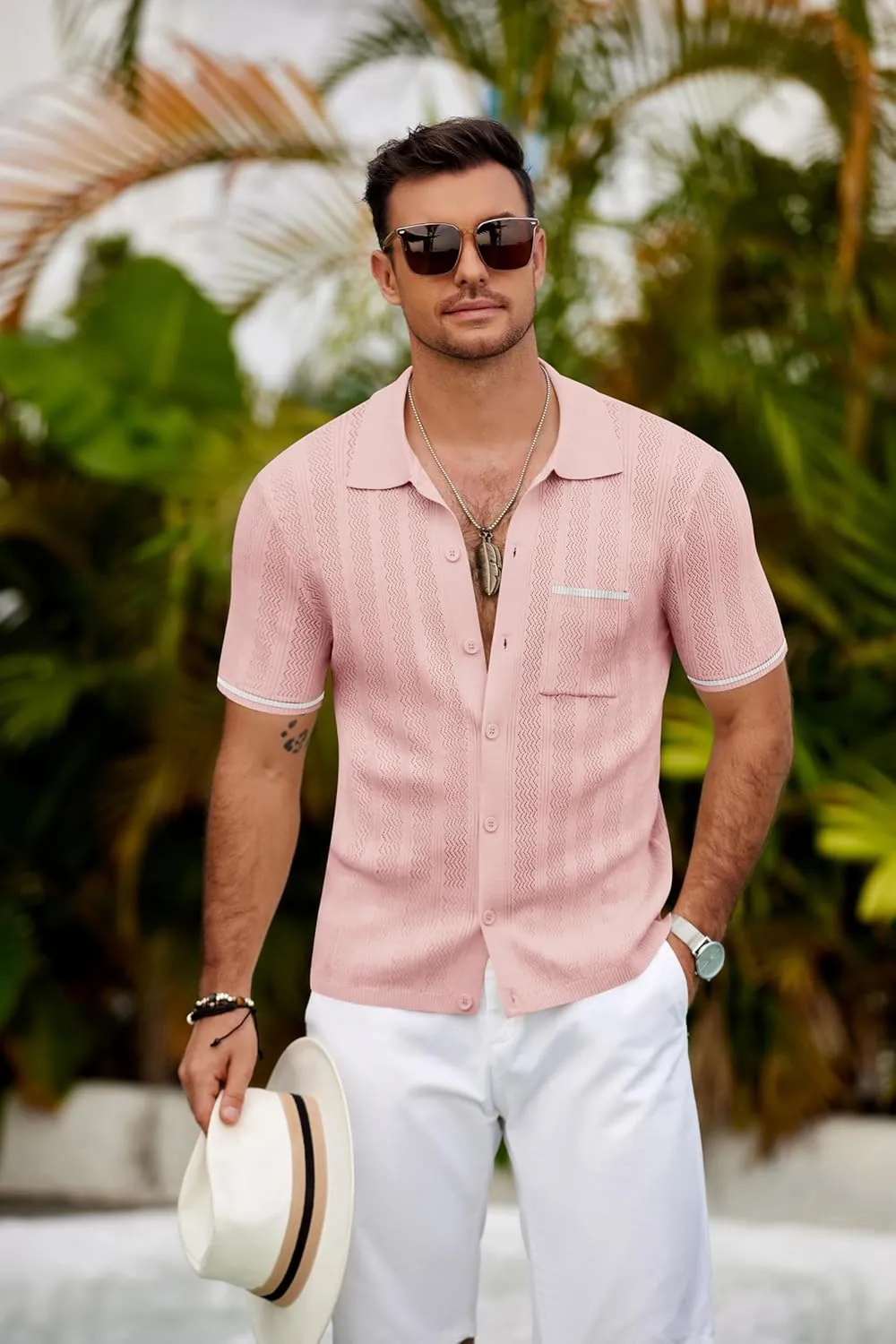COOFANDY Men's Knit Button Down Shirt 2025 Vintage Short Sleeve Polo Shirt Casual Beach Tops