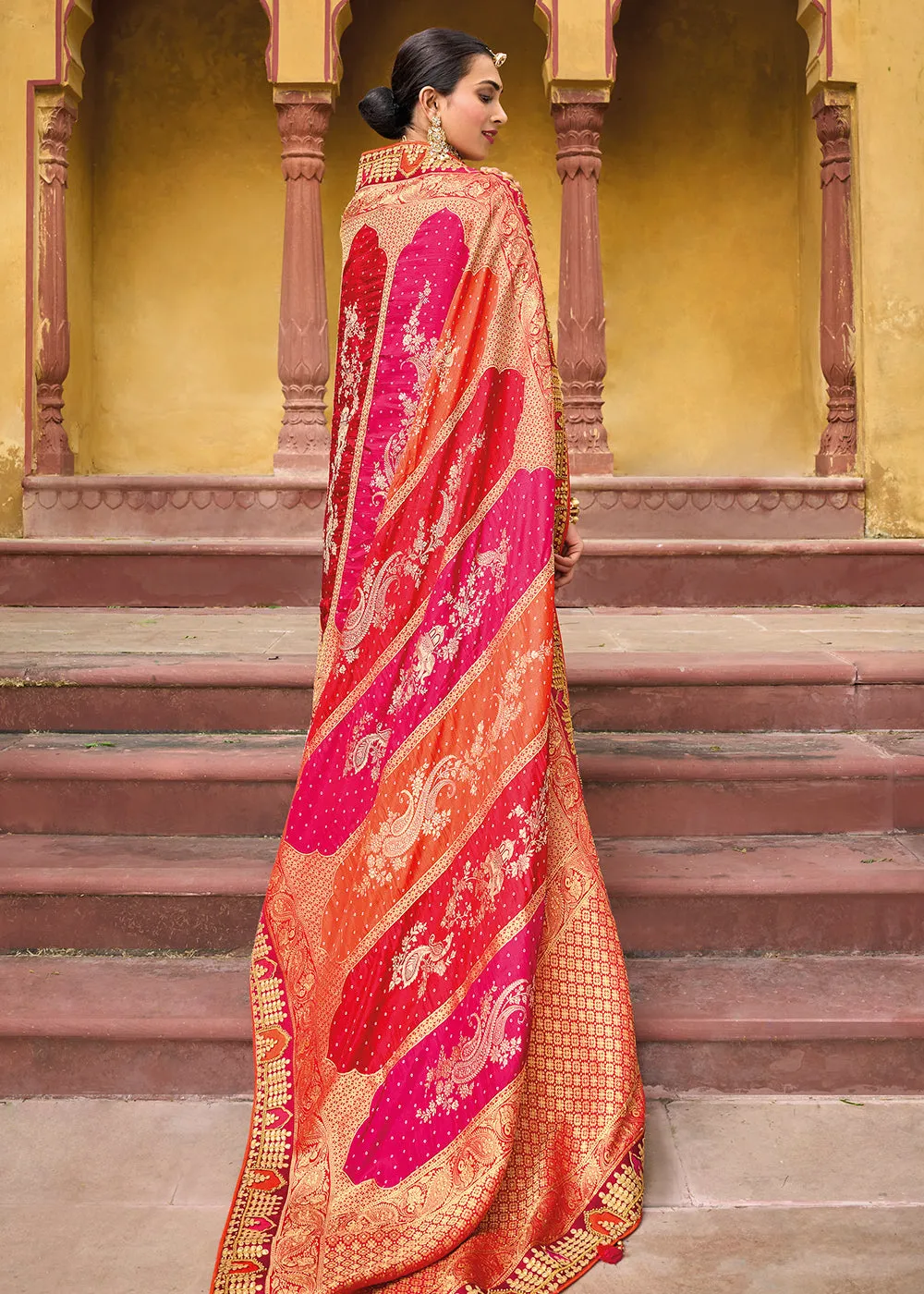 Designer Multicolor Orange & Pink Silk Wedding Wear Saree