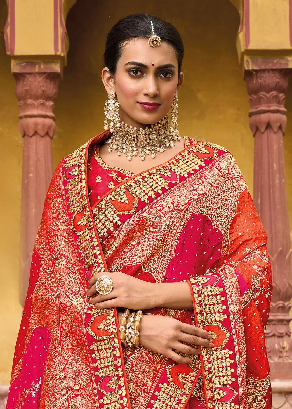 Designer Multicolor Orange & Pink Silk Wedding Wear Saree