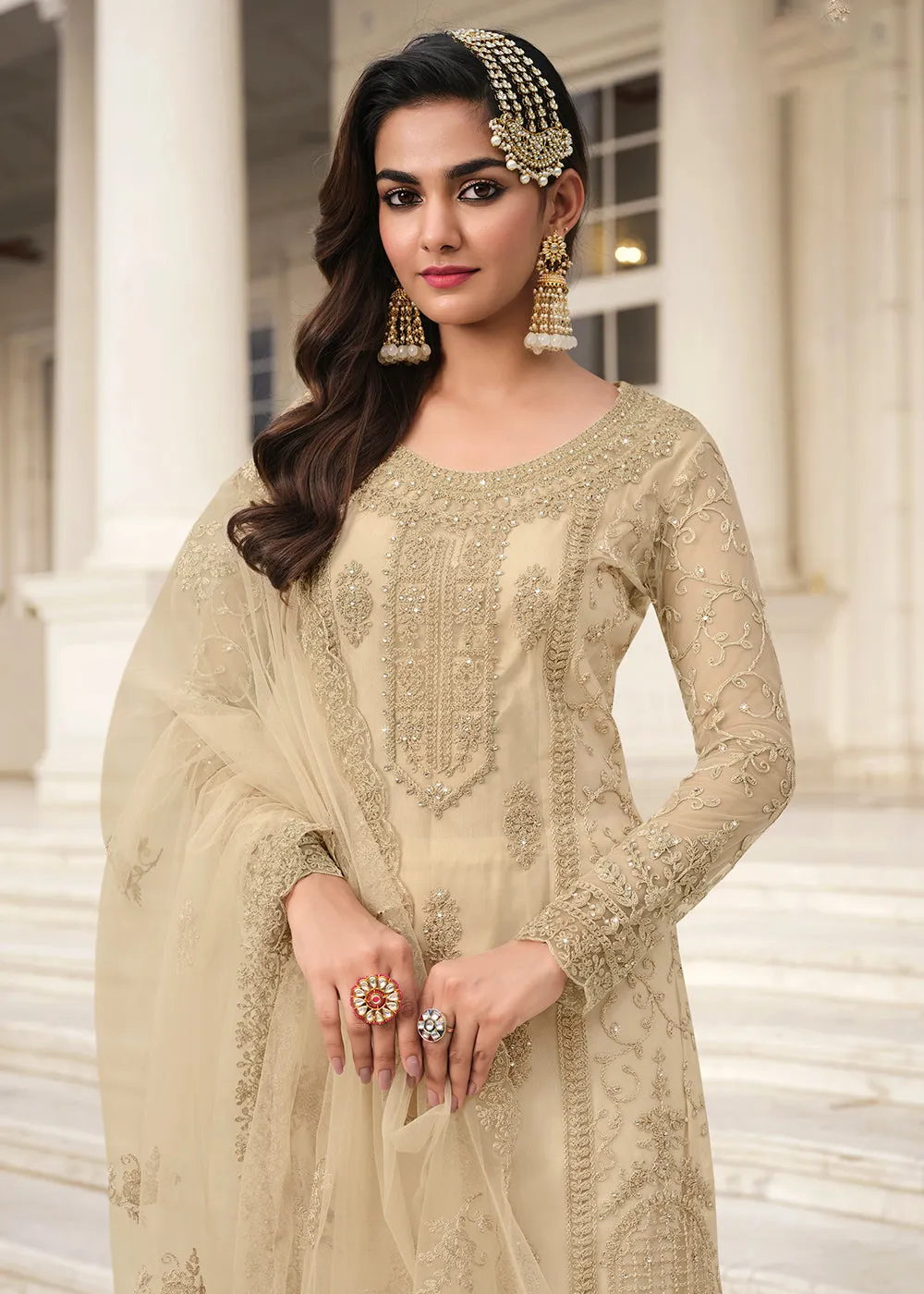 Divine Off White & Gold Embroidered Pant Style Salwar Suit