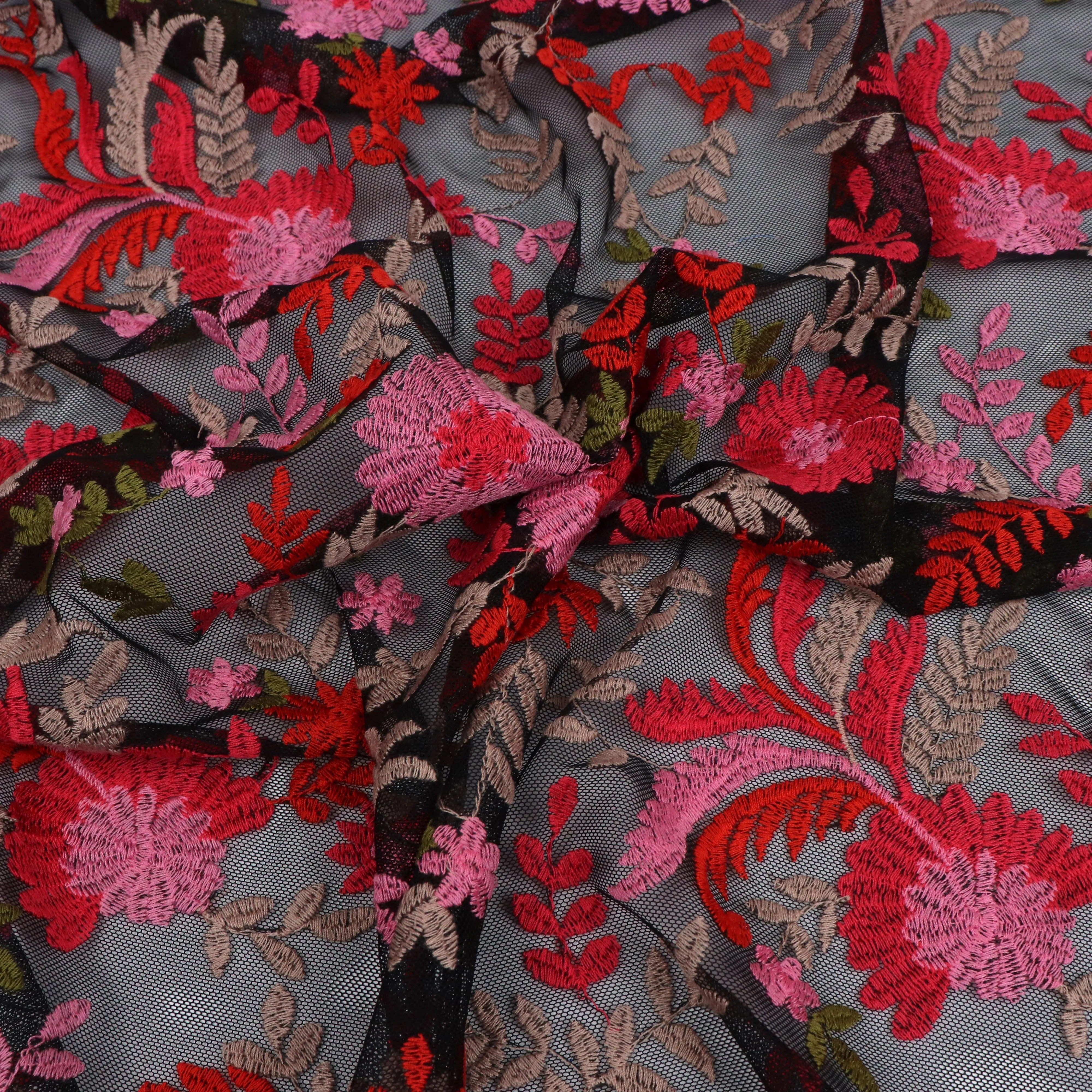 Embroidered Mesh - Pink   Red Flowers - END OF BOLT 80cm