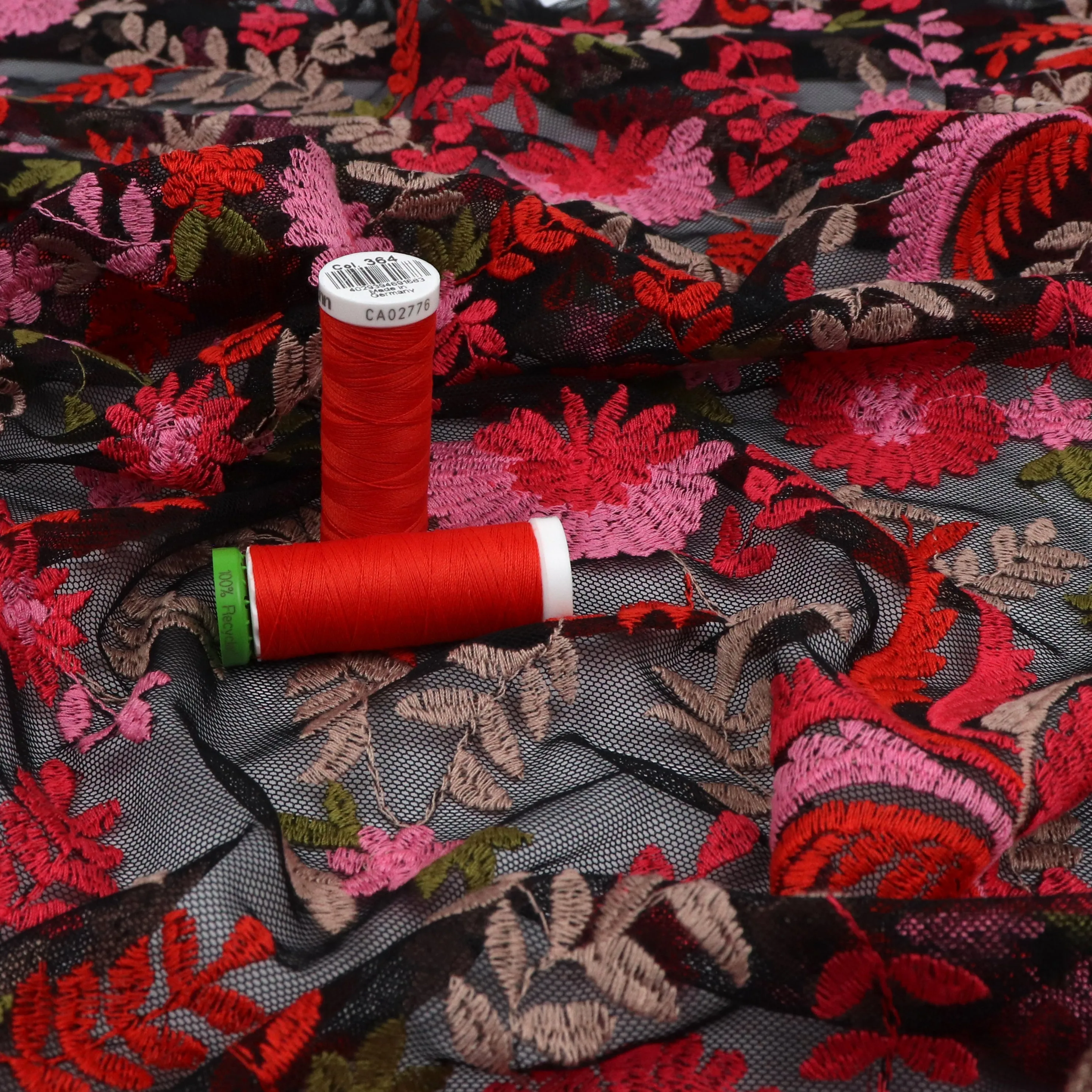 Embroidered Mesh - Pink   Red Flowers - END OF BOLT 80cm