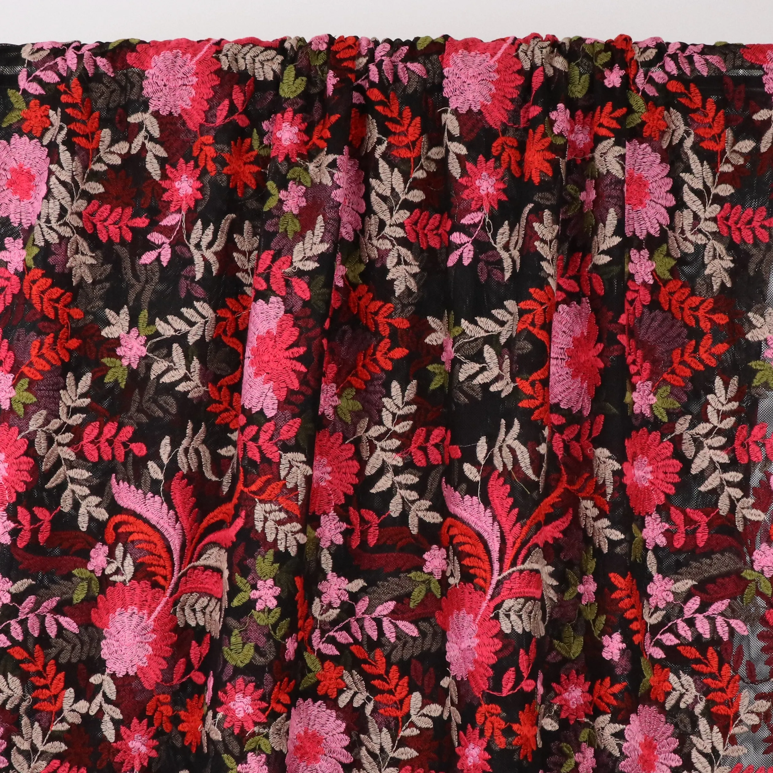 Embroidered Mesh - Pink   Red Flowers - END OF BOLT 80cm