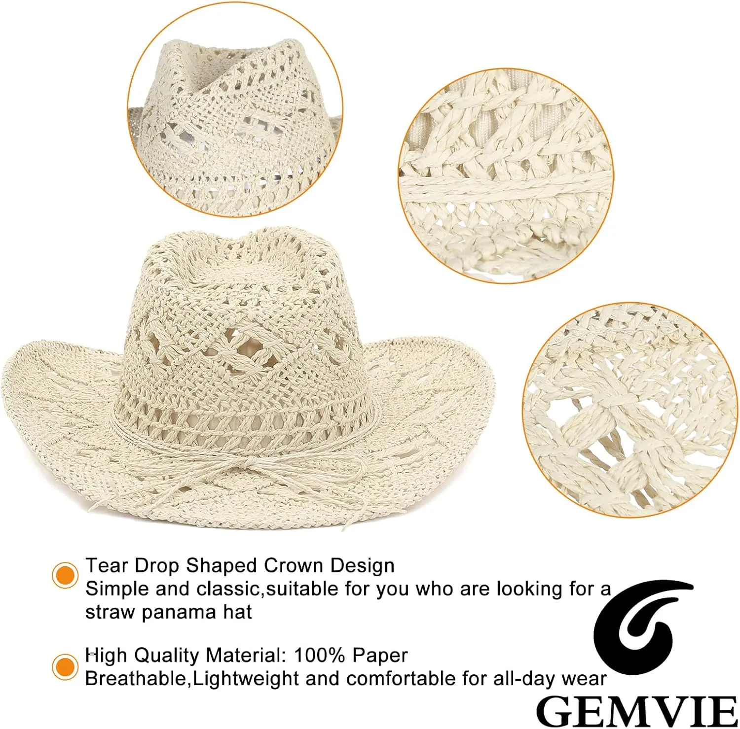 GEMVIE Men & Women's Summer Cowboy Cowgirl Straw Hat Hollow Out Style Roll Up Brim Cowboy Sun Hat