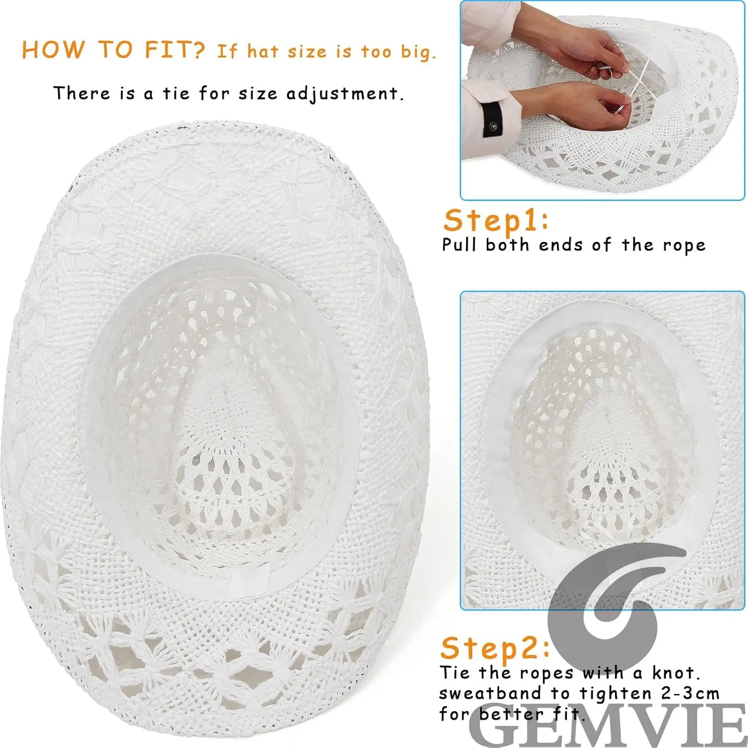 GEMVIE Men & Women's Summer Cowboy Cowgirl Straw Hat Hollow Out Style Roll Up Brim Cowboy Sun Hat