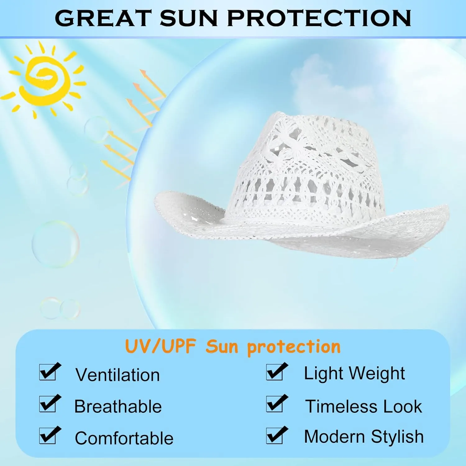 GEMVIE Men & Women's Summer Cowboy Cowgirl Straw Hat Hollow Out Style Roll Up Brim Cowboy Sun Hat