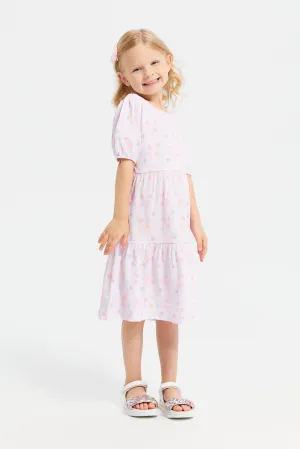 Girls Pink Printed Woven Tiered Dress