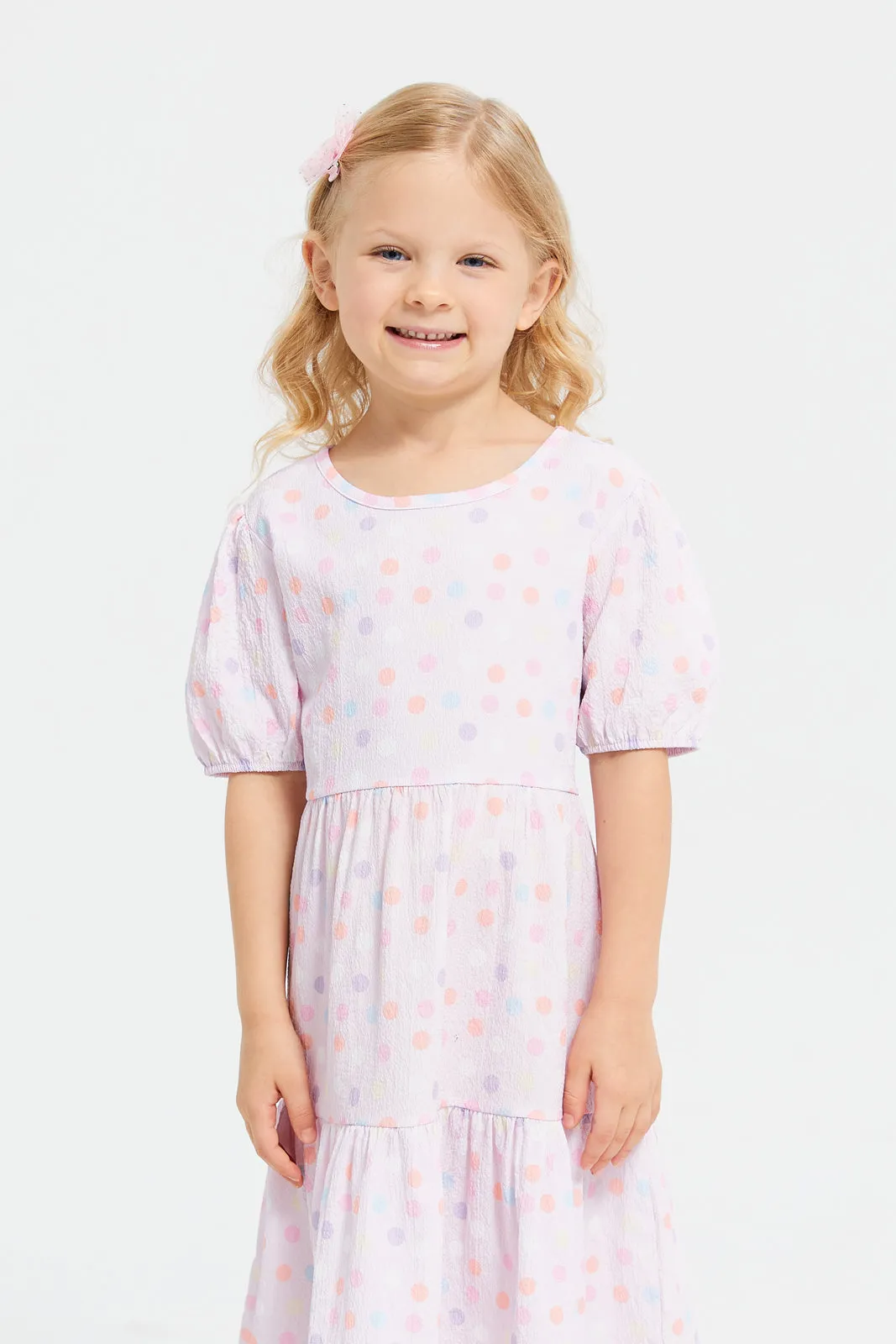 Girls Pink Printed Woven Tiered Dress