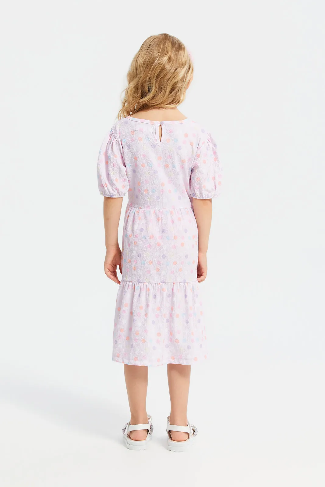 Girls Pink Printed Woven Tiered Dress