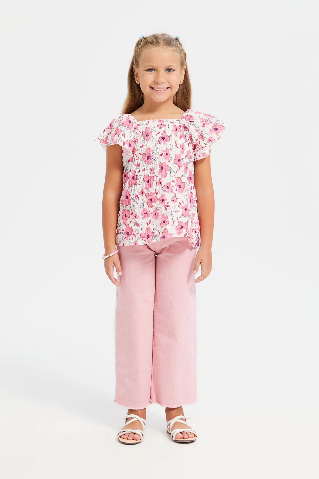 Girls White And Pink Floral Printed Blouse