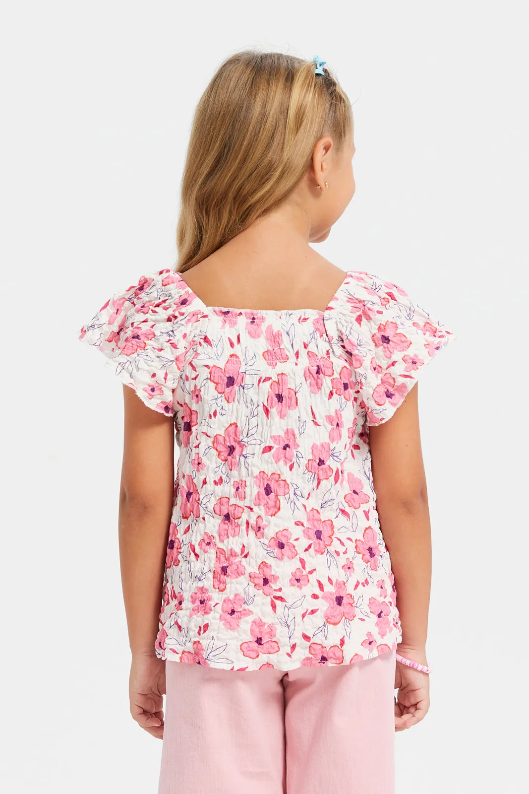 Girls White And Pink Floral Printed Blouse