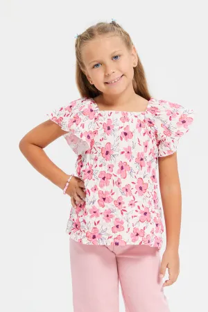 Girls White And Pink Floral Printed Blouse