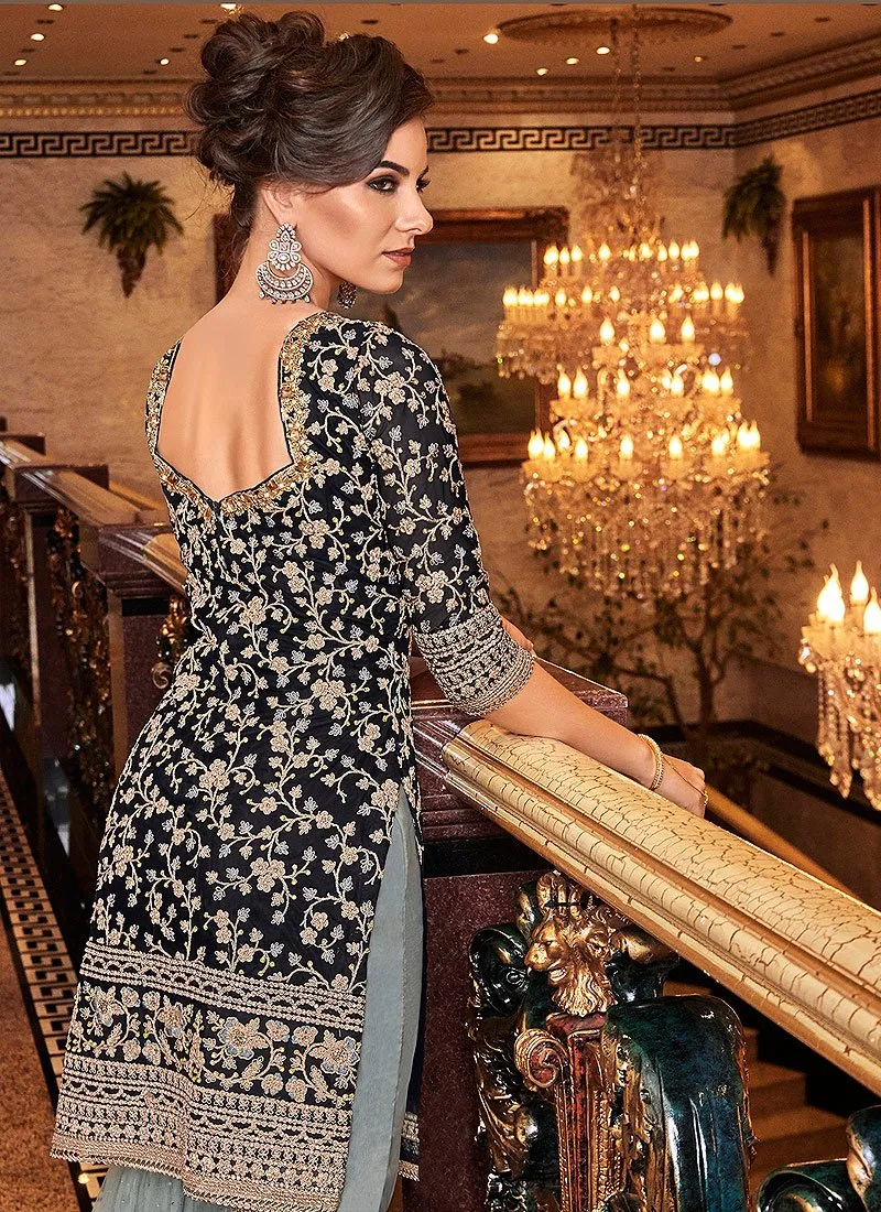 Gorgeous Black Floral Embroidered Straight Cut Sharara Suit
