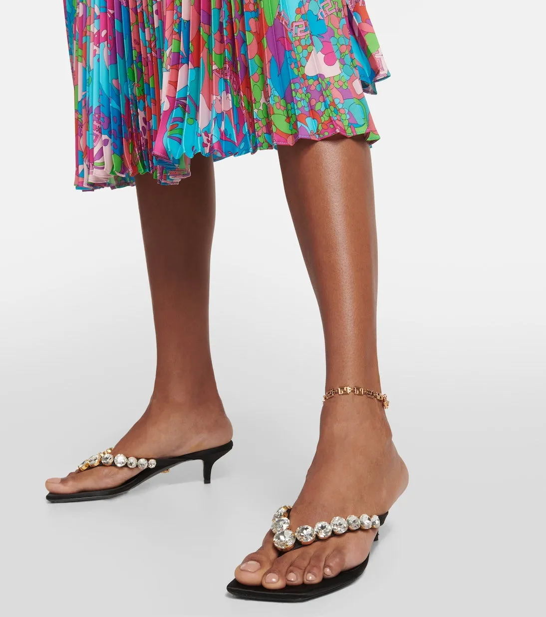 High summer sandals with satin straps and Versace decor, black