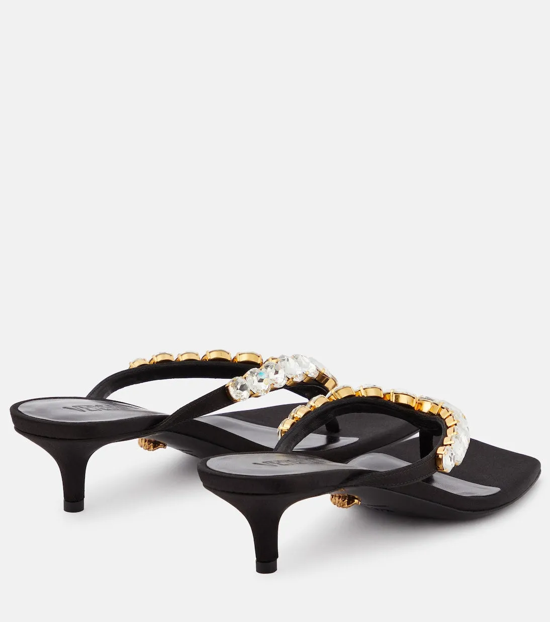 High summer sandals with satin straps and Versace decor, black