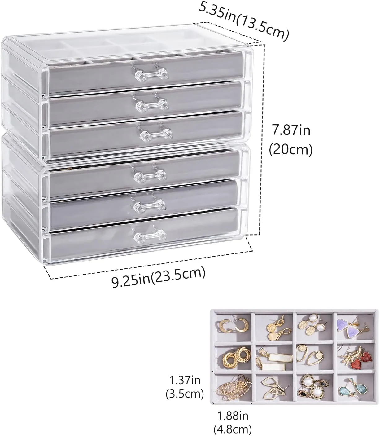 Lolalet Earring Holder Organizer Box Jewelry Storage with 6 Drawers, Clear Acrylic Stackable Earring Case with Adjustable Velvet Trays for Women on Dresser Vanity -Grey, 6 Layers