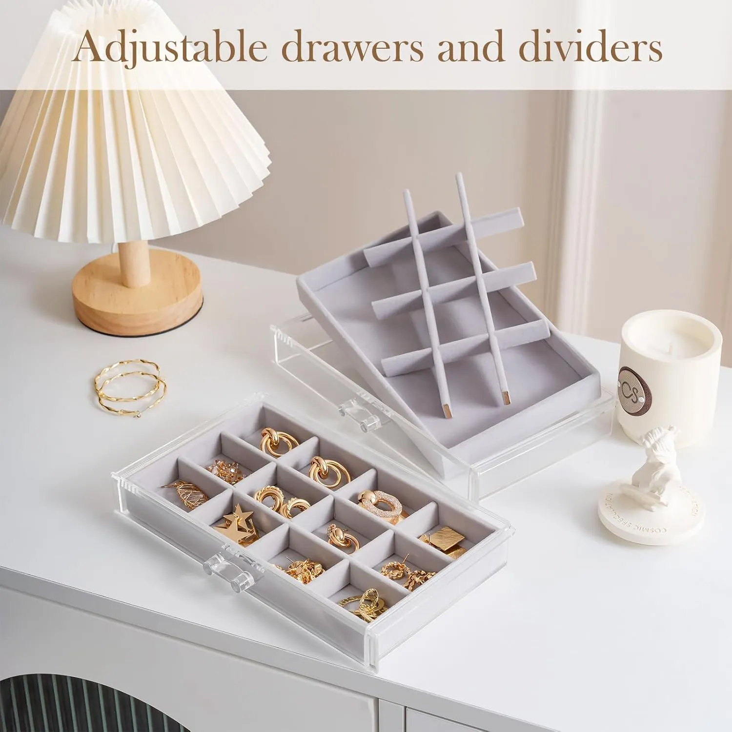 Lolalet Earring Holder Organizer Box Jewelry Storage with 6 Drawers, Clear Acrylic Stackable Earring Case with Adjustable Velvet Trays for Women on Dresser Vanity -Grey, 6 Layers