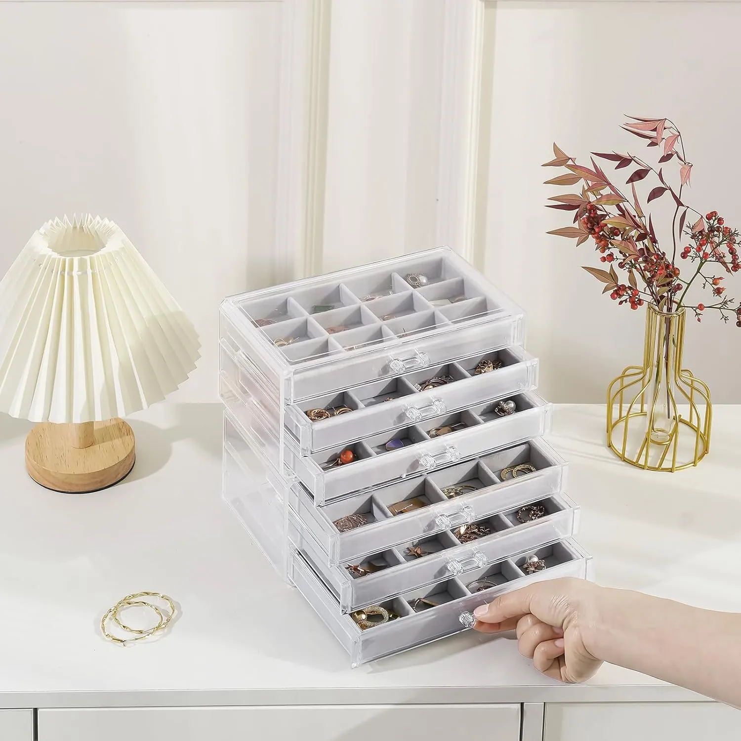 Lolalet Earring Holder Organizer Box Jewelry Storage with 6 Drawers, Clear Acrylic Stackable Earring Case with Adjustable Velvet Trays for Women on Dresser Vanity -Grey, 6 Layers