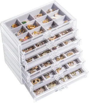 Lolalet Earring Holder Organizer Box Jewelry Storage with 6 Drawers, Clear Acrylic Stackable Earring Case with Adjustable Velvet Trays for Women on Dresser Vanity -Grey, 6 Layers
