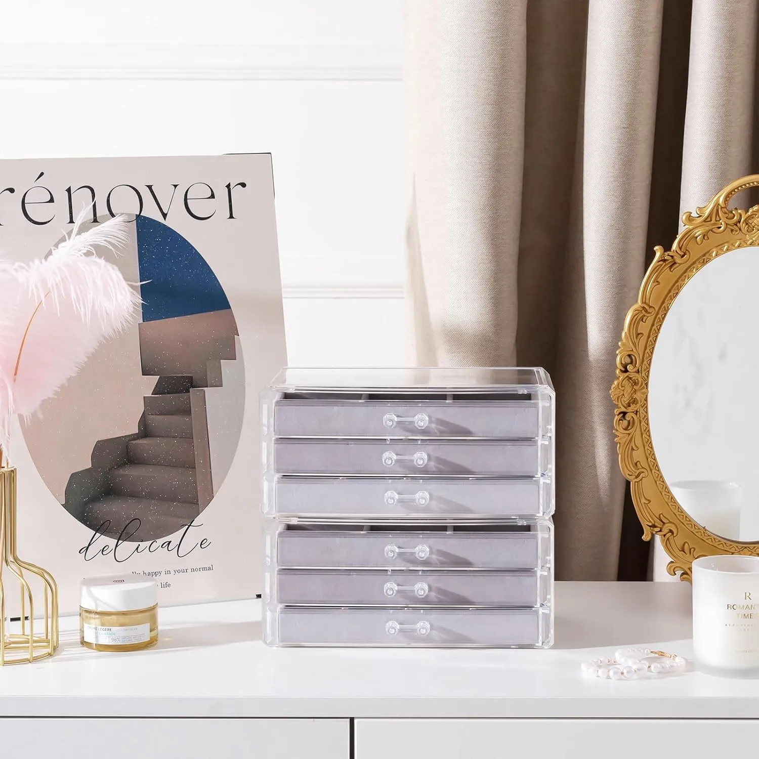 Lolalet Earring Holder Organizer Box Jewelry Storage with 6 Drawers, Clear Acrylic Stackable Earring Case with Adjustable Velvet Trays for Women on Dresser Vanity -Grey, 6 Layers