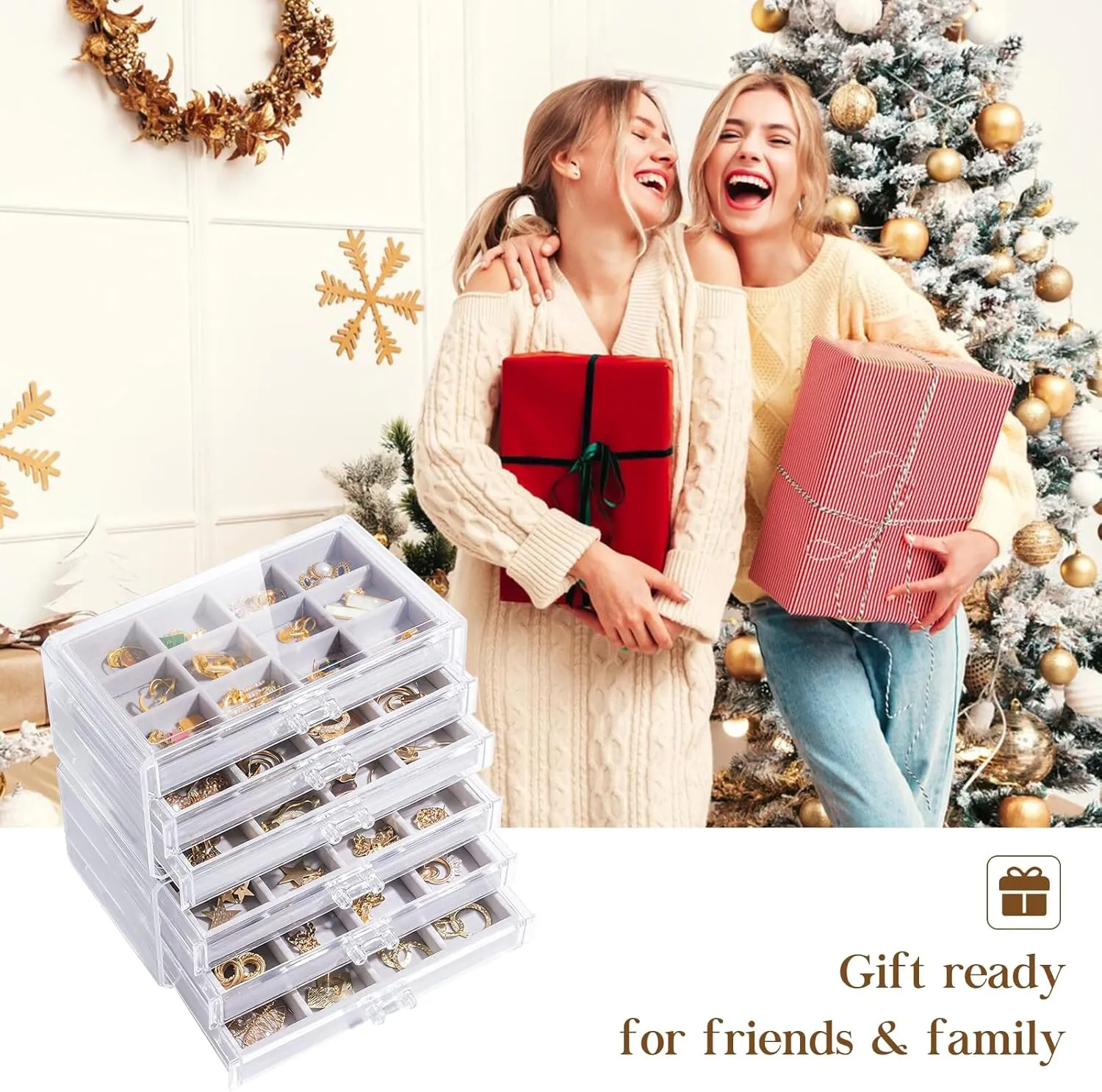 Lolalet Earring Holder Organizer Box Jewelry Storage with 6 Drawers, Clear Acrylic Stackable Earring Case with Adjustable Velvet Trays for Women on Dresser Vanity -Grey, 6 Layers