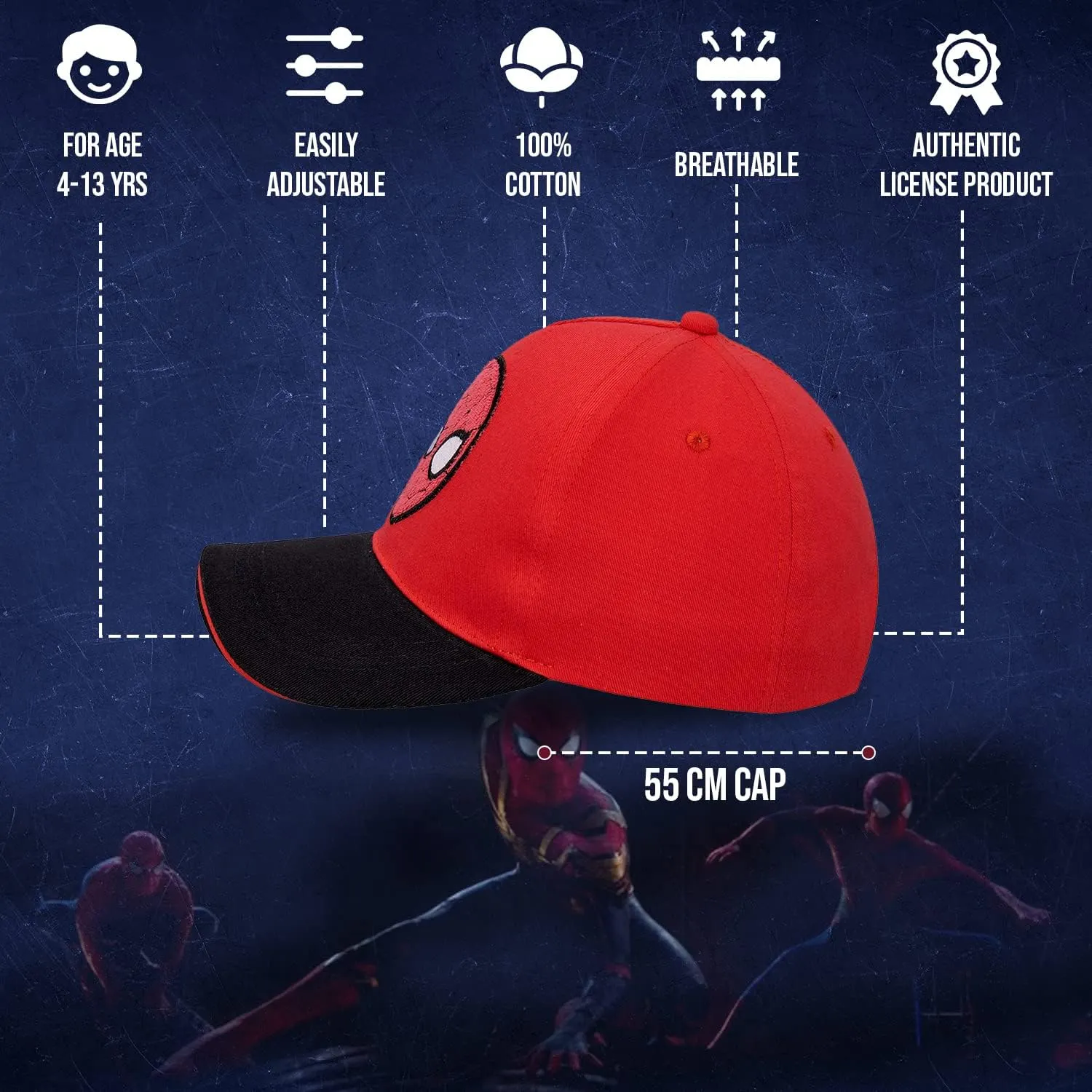 Marvel Spiderman Hat for Boys, Breathable Spiderman Baseball Cap for Toddlers, Boys Ages 3-9