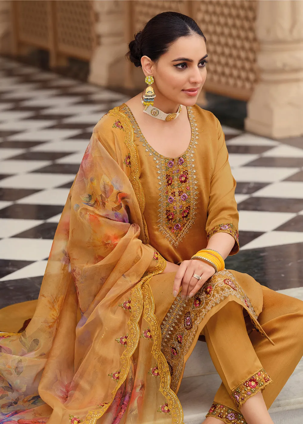 Mustard Color Embroidered Silk Pant Style Salwar Suit