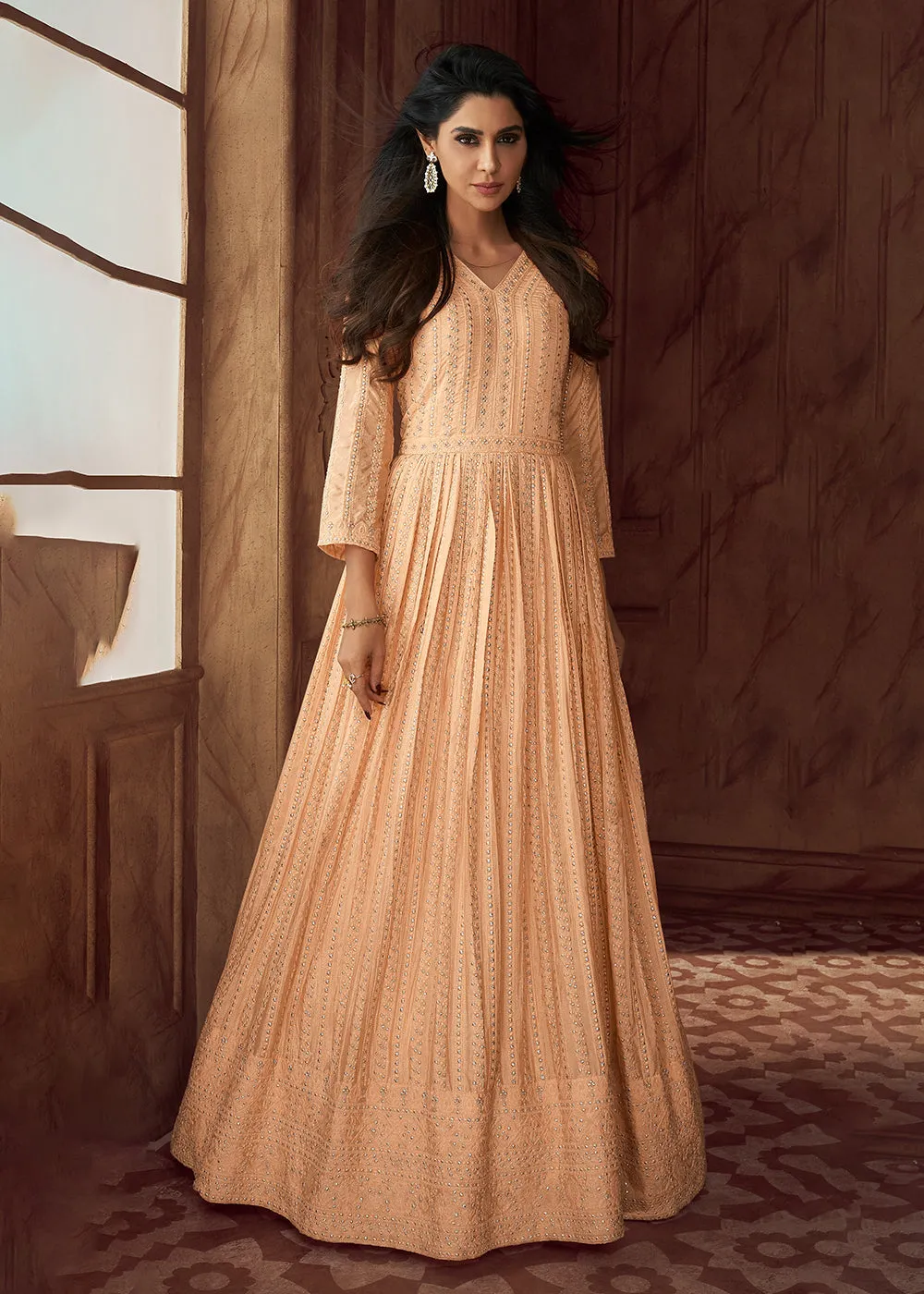 Peach Heavy Georgette Embroidered Wedding Party Anarkali Gown