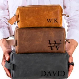 Personalized Leather Toiletry Bag for Men ?C Custom Engraved Shaving Dopp Kit with Name or Initial, Travel Gift for Groomsmen, Husband, Dad, Boyfriend, Birthday or Anniversary, Gifts for Men