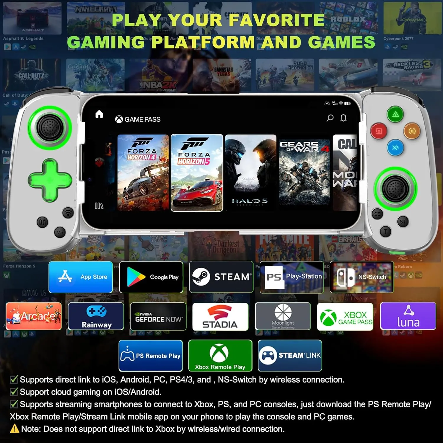 Phone Game Controller for iPhone/Android/PC/Switch, Play COD, Genshin,Support Streaming on PS5/Xbox/PC Console, Cloud Gaming Wireless Gamepad Joystick, Turbo/6-Axis Gyro/Dual Motor, Green Light, White