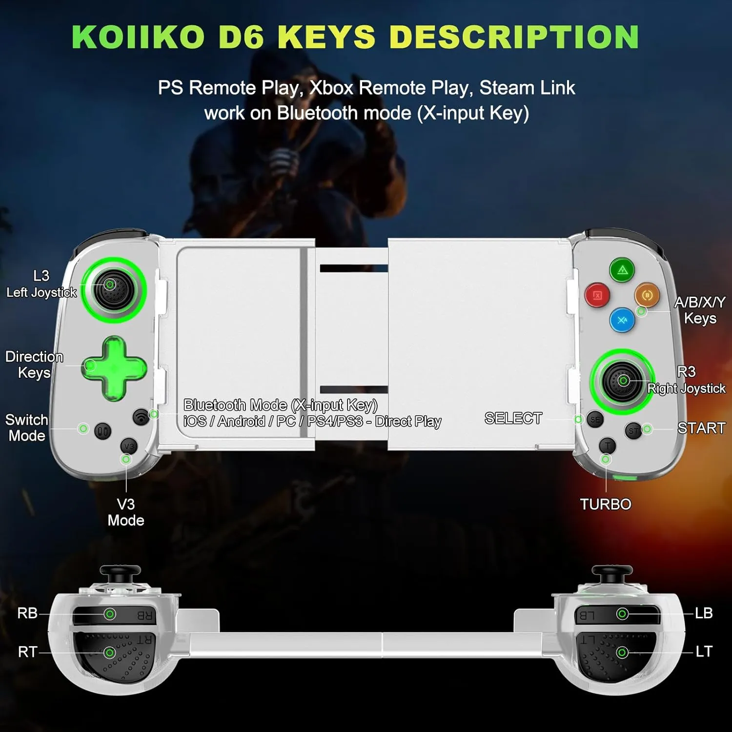 Phone Game Controller for iPhone/Android/PC/Switch, Play COD, Genshin,Support Streaming on PS5/Xbox/PC Console, Cloud Gaming Wireless Gamepad Joystick, Turbo/6-Axis Gyro/Dual Motor, Green Light, White