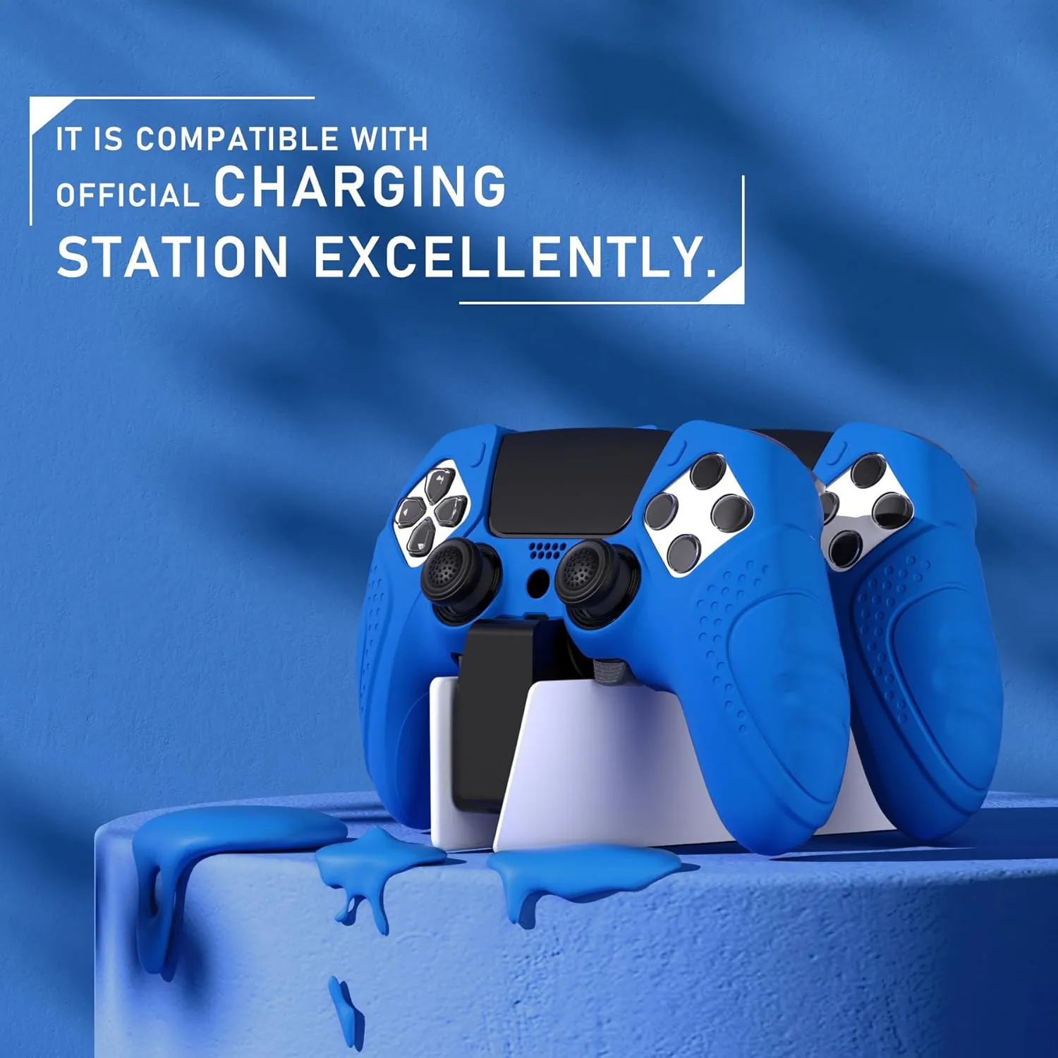 PlayVital Guardian Edition Anti-Slip Ergonomic Silicone Cover Case for ps5 Edge Controller, Soft Rubber Protector Skin for ps5 Edge Wireless Controller with Thumb Grip Caps - Blue
