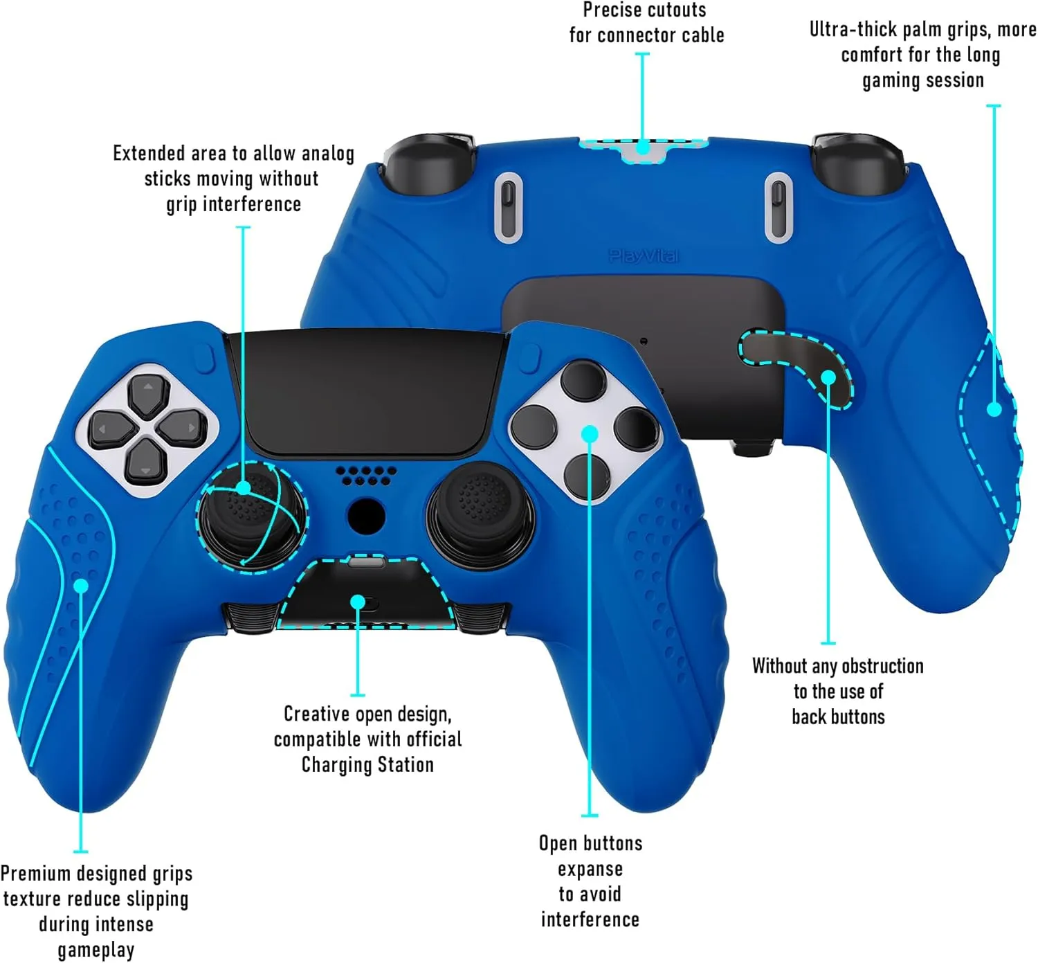 PlayVital Guardian Edition Anti-Slip Ergonomic Silicone Cover Case for ps5 Edge Controller, Soft Rubber Protector Skin for ps5 Edge Wireless Controller with Thumb Grip Caps - Blue
