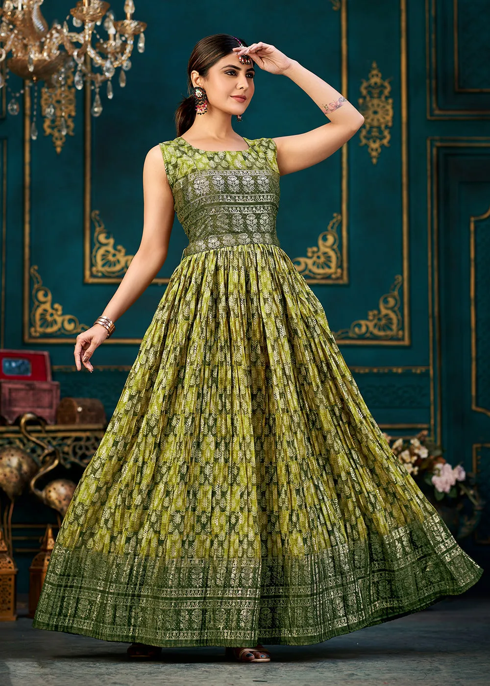 Pleasing Green Digital Foil Printed Ready to Wear Gown