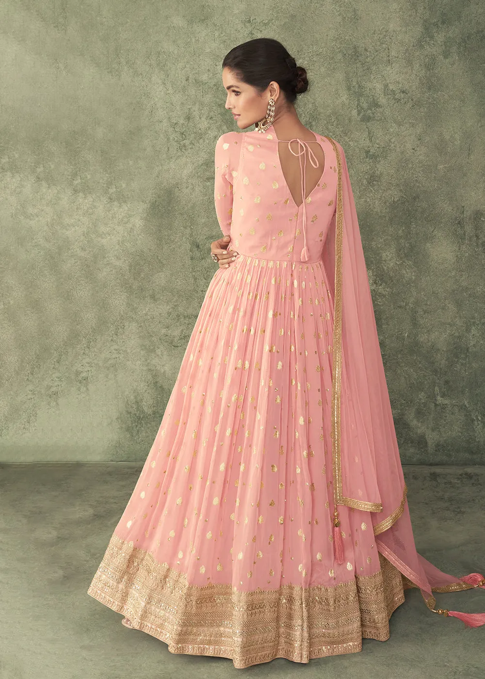 Pretty Pink Viscose Silk Embroidered Wedding Anarkali Gown