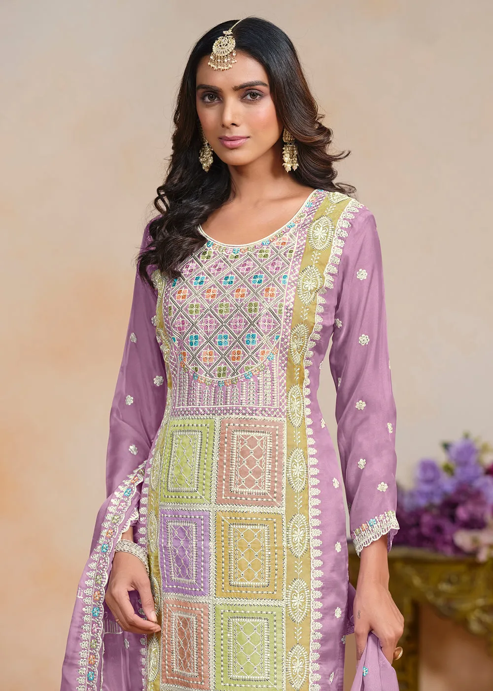 Purple Soft Organza Embroidered Festive Pant Style Suit